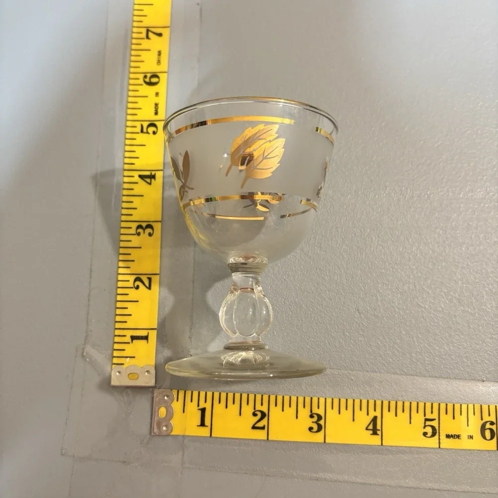 6 Libbey Gold Leaf MCM Frosted Cordial Glasses Set Barware Vintage Collectible